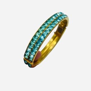Art Deco Baby Blue Square Rhinestone Hinged Bangle Bracelet